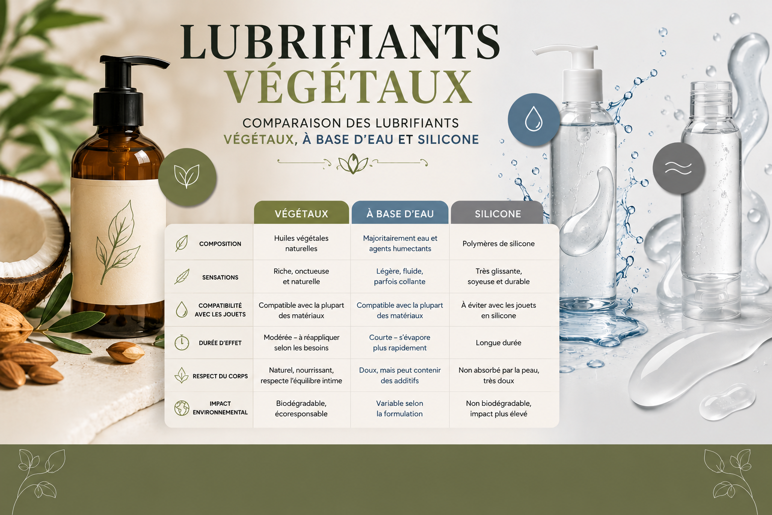 Lubrifiants végétaux par rapport aux lubrifiants à base d'eau et silicone
