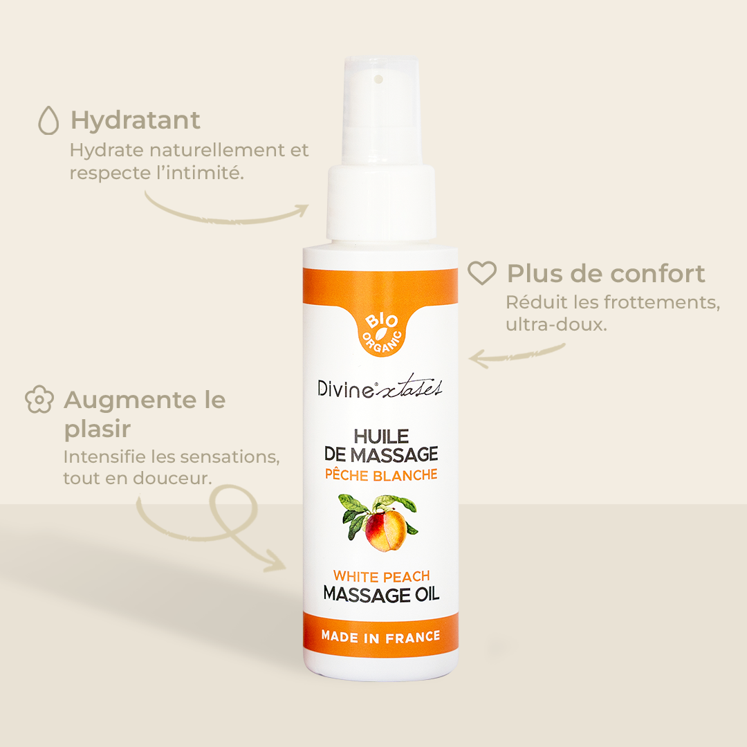 Infographic pour l'huile de massage peche blanche de divinextases