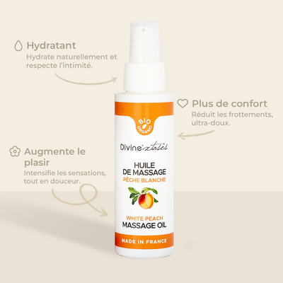 Infographic pour l'huile de massage peche blanche de divinextases
