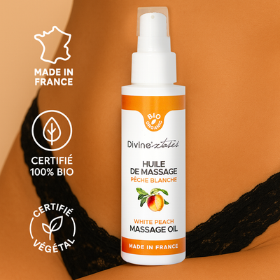 Huile de massage a la peche blanche de divinextases avec des icon Made in France, 100% Bio, Certifie vegetal